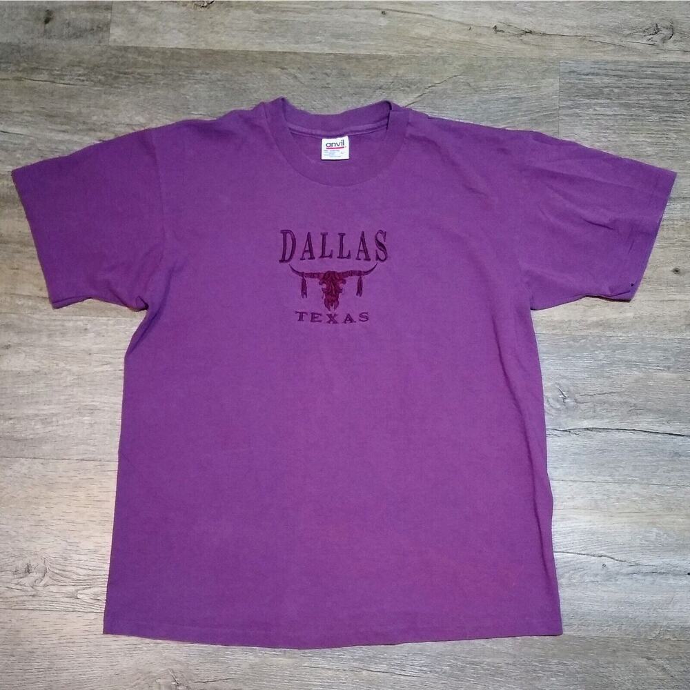 Vintage Dallas Texas Anvil Tag Embroidered Single Stitch T Shirt Womens Sz L USA